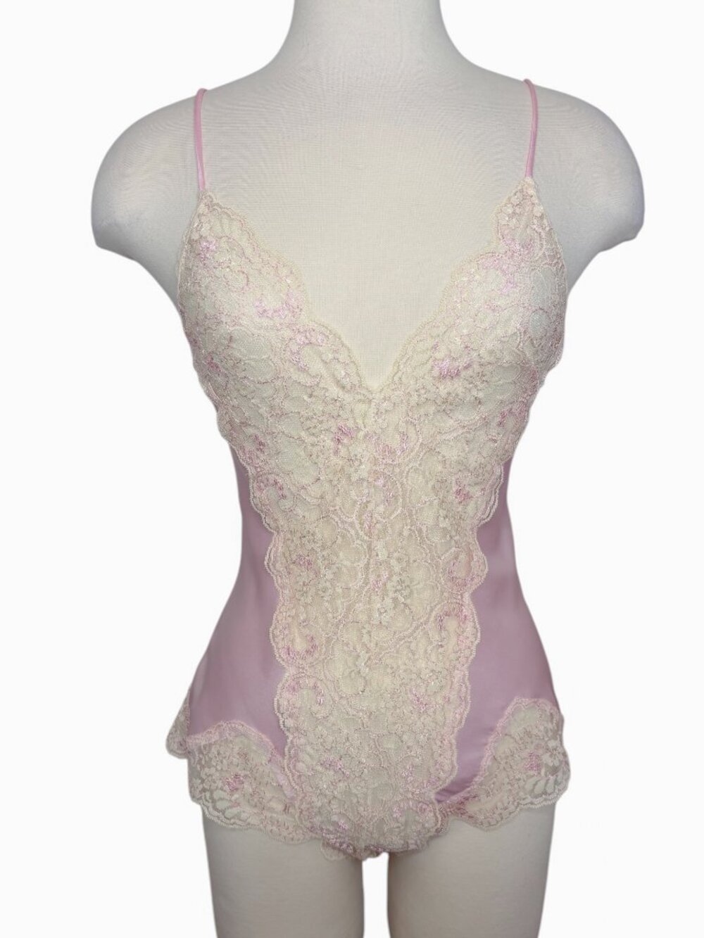 Vintage Victoria's Secret Sheer Lace Pink Satin Teddy Bodysuit Size Small